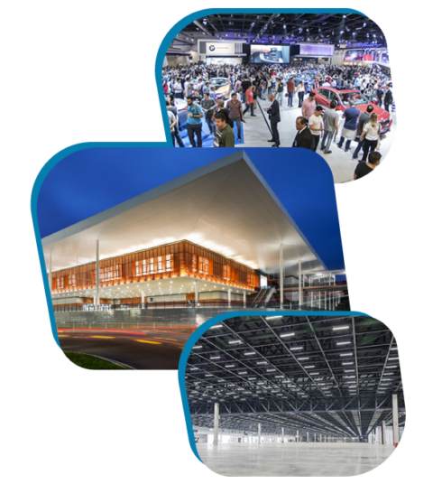 Colagem São Paulo Expo: multidão na feira, fachada ao entardecer e interior do pavilhão